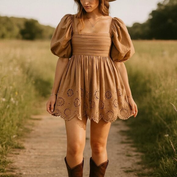 NWOT Abercrombie & Fitch Tan Mini Dress with Puffed Sleeves size XXSP - Picture 1 of 15